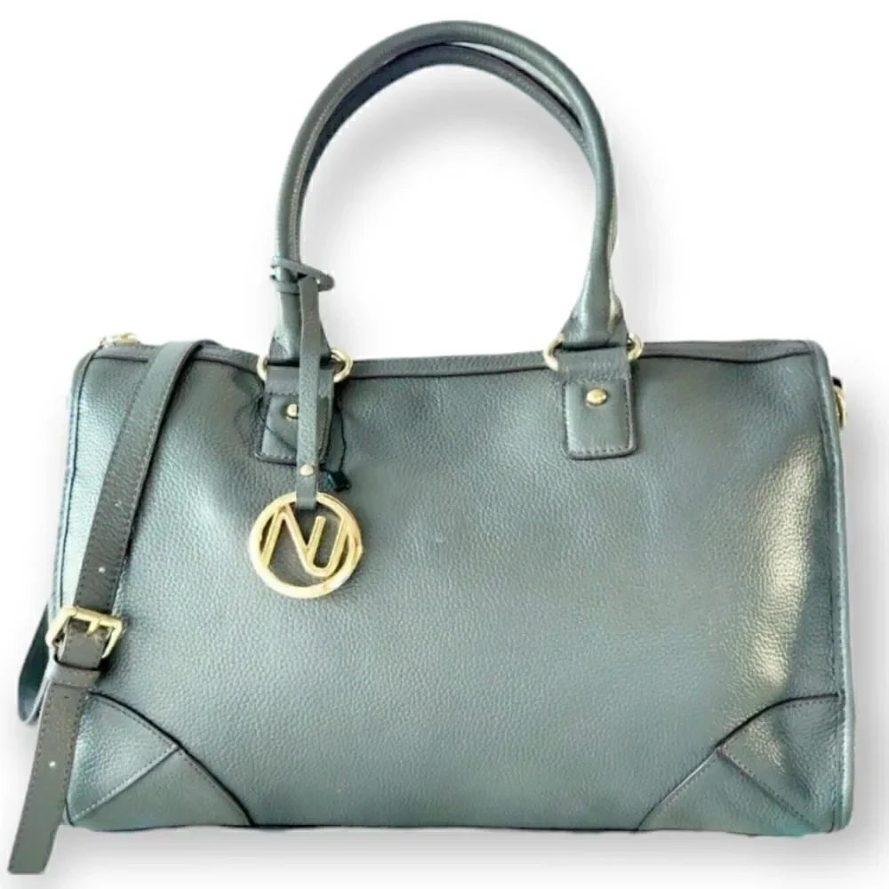 NWOT NUCIANO GRAY GENUINE LEATHER TWO WAYS SATCHEL SHOULDER BAG HANDBAG PURSE
